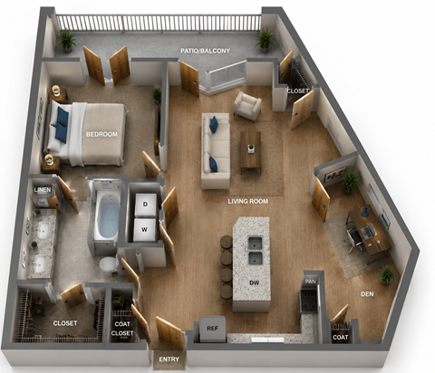 Floor plan for 1 bed, 1 bath, 1037 sqft